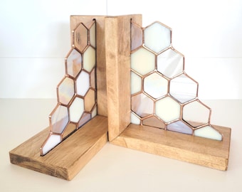 Stained Glass Honeycomb Bookends Bookshelf Book Holders Beehive Hexagon Home Library Decor Beekeeper Homestead