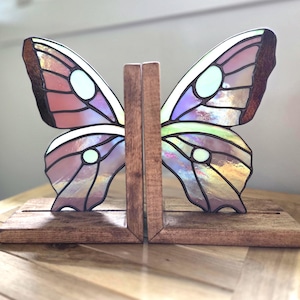 Stained Glass Butterfly Wing Bookends: Iridescent Maple Wood Library Decor