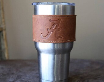 The Officially Licensed Alabama Rocket City Leather Drink Cooler Wrap with Handle – for 30oz Yeti Rambler Tumbler