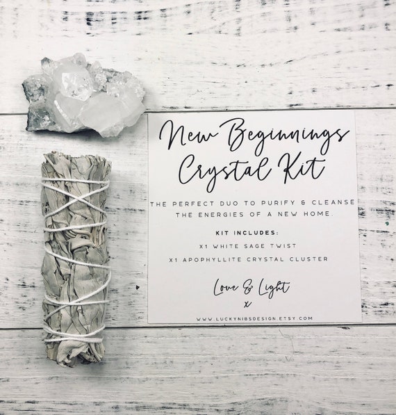 New Beginnings Crystal & Smudge Kit, Apophyllite Crystal, White Sage Smudge Stick Gift Set, New Home, Housewarming Gift, Energy Cleansing
