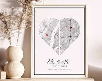 Custom Love Map Poster Canvas | Personalized 2 Maps Print | 2 Locations Map | Love Map | Gift for Couple | Custom Print | Long Distance Gift