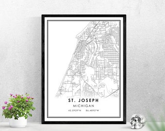 Office Decor City Prints World Map St Joseph Map Art Black and White Custom Map St Joseph Michigan Travel Print Michigan