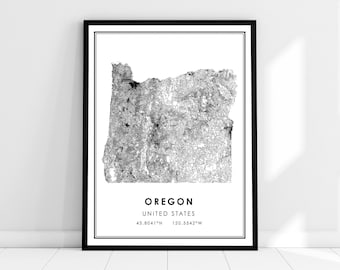 May include: Black and white line art map of Oregon, United States. The map shows the state's borders and major cities. The text "OREGON" and "UNITED STATES" is printed below the map, along with the coordinates "43.8041°N 120.5542°W".