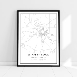 Slippery Rock carte imprimer poster toile | Carte de Pennsylvanie imprimer poster canvas |  Slippery Rock carte de la ville imprimer poster canvas