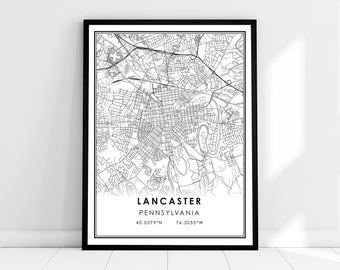 May include: Black and white line art map print of Lancaster, Pennsylvania. The map shows the city streets and features the text "Lancaster, Pennsylvania" and the coordinates "40.0379°N 76.3055°W".