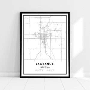 May include: Black and white line art map of Lagrange, Indiana. The map shows the city streets and surrounding area. The text "Lagrange, Indiana" and the coordinates "41.6417°N 85.4166°W" are printed below the map.