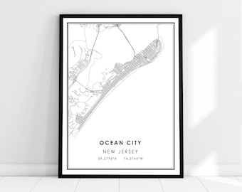May include: Black and white map print of Ocean City, New Jersey. The map shows the city's streets and coastline. The text "Ocean City, New Jersey" and the coordinates "39.2776°N 74.5746°W" are printed below the map.