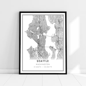 | d’affiche d’impression de carte de Seattle | d’affiche imprimée sur la carte de Washington Carte de la ville de Seattle imprimer poster canvas