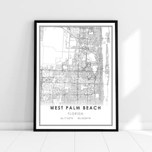 West Palm Beach carte imprimer poster toile | Carte de Floride imprimer poster canvas | Carte de la ville de West Palm Beach imprimer poster canvas