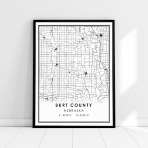 Toile d'affiche d'impression de carte du comté de Burt | Toile d'affiche d'impression de carte de ville du comté de Burt