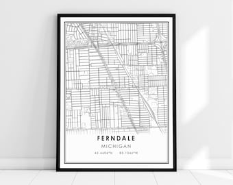 May include: Black and white line art map of Ferndale, Michigan. The map shows the city's street grid and includes the coordinates 42.4606°N 83.1346°W.