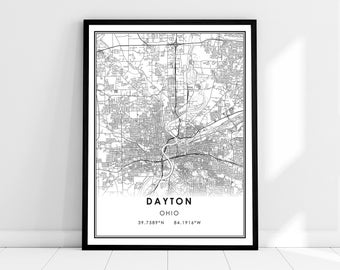 May include: Black and white map print of Dayton, Ohio with the city name and coordinates 39.7589°N 84.1916°W.