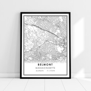 Belmont map print poster canvas | Massachusetts map print poster canvas | Belmont city map print poster canvas