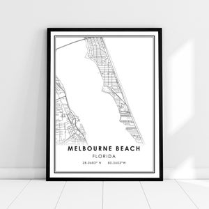 Melbourne Beach carte imprimer poster canvas | Carte de Floride imprimer poster canvas | Melbourne Beach carte de la ville imprimer poster canvas