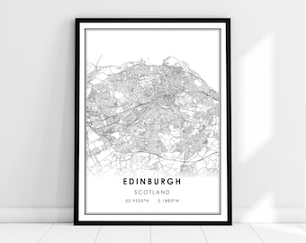 May include: Black and white map print of Edinburgh, Scotland. The map shows the city streets and landmarks. The text "Edinburgh, Scotland" and the coordinates "55.9533°N 3.1883°W" are printed below the map.