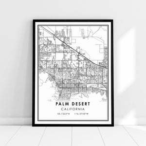 May include: Black and white map print of Palm Desert, California. The map shows the city streets and landmarks. The text "Palm Desert, California" and the coordinates "33.7222°N 116.3745°W" are printed below the map.