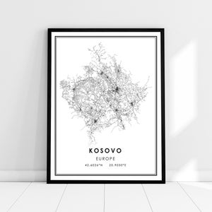 Carte du pays du Kosovo imprimer l’affiche sur toile | Carte routière du Kosovo Sur la toile de l’affiche