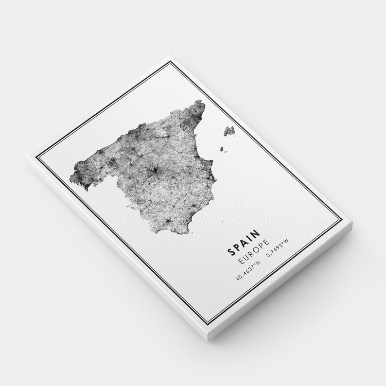 May include: A black and white map of Spain with the text "SPAIN EUROPE 40.4637&deg;N 3.7492&deg;W" at the bottom.