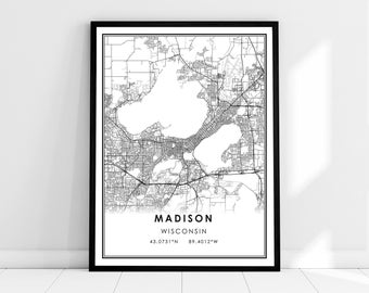 May include: Black and white map print of Madison, Wisconsin with the city's name and coordinates, 43.0731°N 89.4012°W, printed at the bottom.