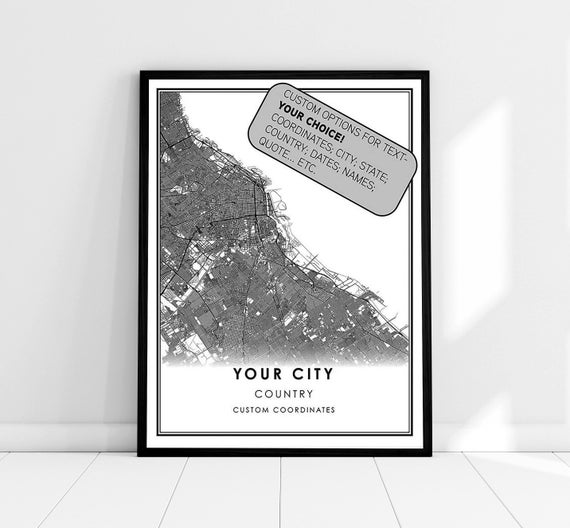 Any City Town Country Map Coordinates Print Travel Wall Modern Art Poster 