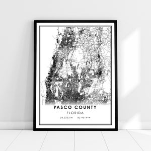 Carte du comté de Pasco imprimer l’affiche sur toile | Carte de Floride imprimer poster canvas | Carte de la ville du comté de Pasco imprimer l’affiche canvas