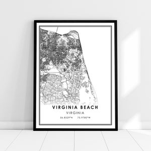 Carte de Virginia Beach imprimer poster canvas | Carte de Virginie imprimer affiche toile | Carte de la ville de Virginia Beach imprimer poster canvas
