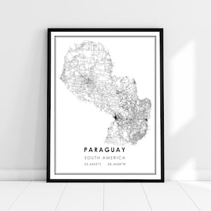 May include: A black and white line art map of Paraguay, South America. The map shows the country's roads and cities. The text "PARAGUAY" and "SOUTH AMERICA" is printed below the map, along with the coordinates "23.4425°S 58.4438°W".
