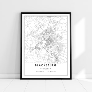 | d’affiche imprimée sur la carte de Blacksburg Carte de Virginie imprimer affiche toile | Carte de la ville de Blacksburg imprimer poster canvas