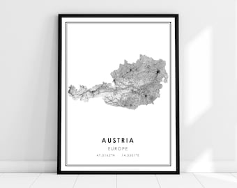 May include: A black and white map of Austria, showing the country's borders and major cities. The map is framed in a black frame and has the text "Austria, Europe, 47.5162°N 14.5501°E" printed below the map.