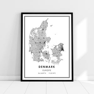 Danemark carte du pays imprimer poster toile | Danemark Feuille de route du pays imprimer poster canvas