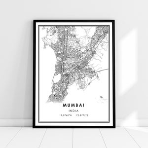 May include: A black and white map print of Mumbai, India. The map shows the city's streets and landmarks. The text "MUMBAI INDIA 19.0760°N 72.8777°E" is printed below the map.
