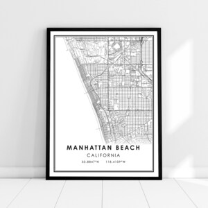 Carte de Manhattan Beach imprimer poster toile | Carte de la Californie imprimer poster toile | Plan de la ville de Manhattan Beach imprimer poster canvas