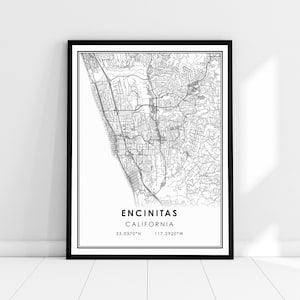 May include: Black and white map print of Encinitas, California with the city name and coordinates printed at the bottom.