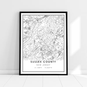 Carte du comté de Sussex imprimer poster canvas | Carte du New Jersey imprimer poster canvas | Carte de la ville du comté de Sussex imprimer une toile d’affiche