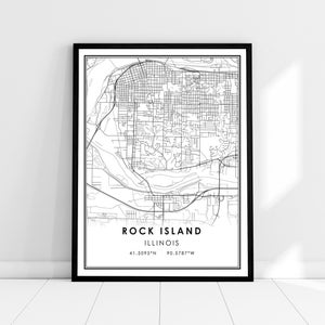Carte de Rock Island imprimer poster canvas | Carte de l’Illinois imprimer une toile d’affiche | Carte de la ville de Rock Island imprimer la toile de l’affiche