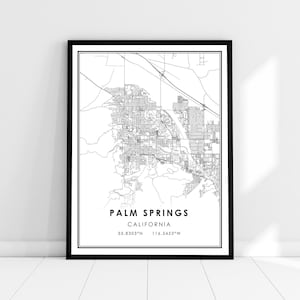 Palm Springs carte imprimer poster canvas | Carte de Californie imprimer poster canvas | Carte de la ville de Palm Springs imprimer la toile de l’affiche