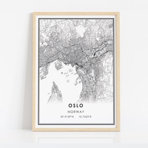 May include: Black and white line art map of Oslo, Norway. The map shows the city streets and waterways. The text "Oslo, Norway 59.9139&deg;N 10.7522&deg;E" is printed below the map.