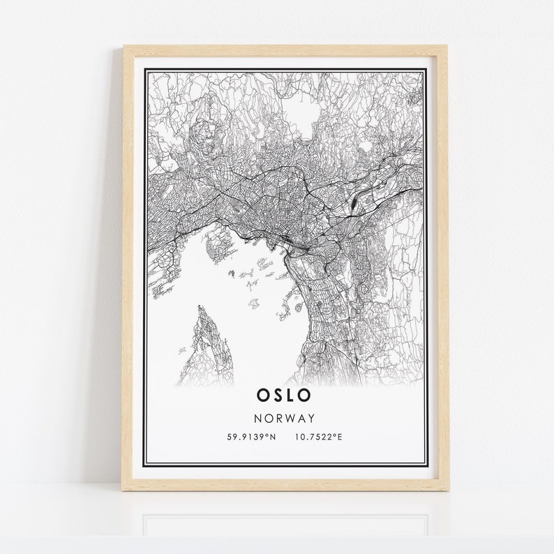 May include: Black and white line art map of Oslo, Norway. The map shows the city streets and waterways. The text "Oslo, Norway 59.9139&deg;N 10.7522&deg;E" is printed below the map.