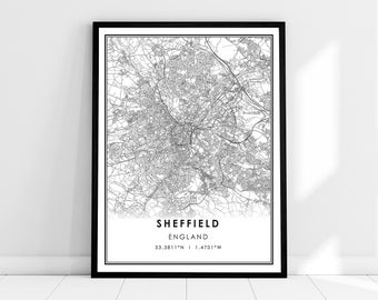 | d’affiche d’impression de carte de Sheffield Carte de l’Angleterre imprimer poster canvas | Carte de la ville de Sheffield imprimer poster canvas
