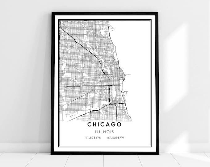 Vintage Chicago Wall Art 1930s Chicago, Illinois Map Antique City Map Print in Black and White