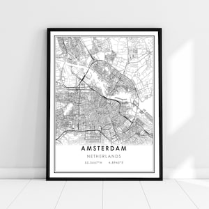 Carte d’Amsterdam imprimer poster canvas | Pays-Bas carte imprimer poster toile | Carte de la ville d’Amsterdam imprimer poster canvas