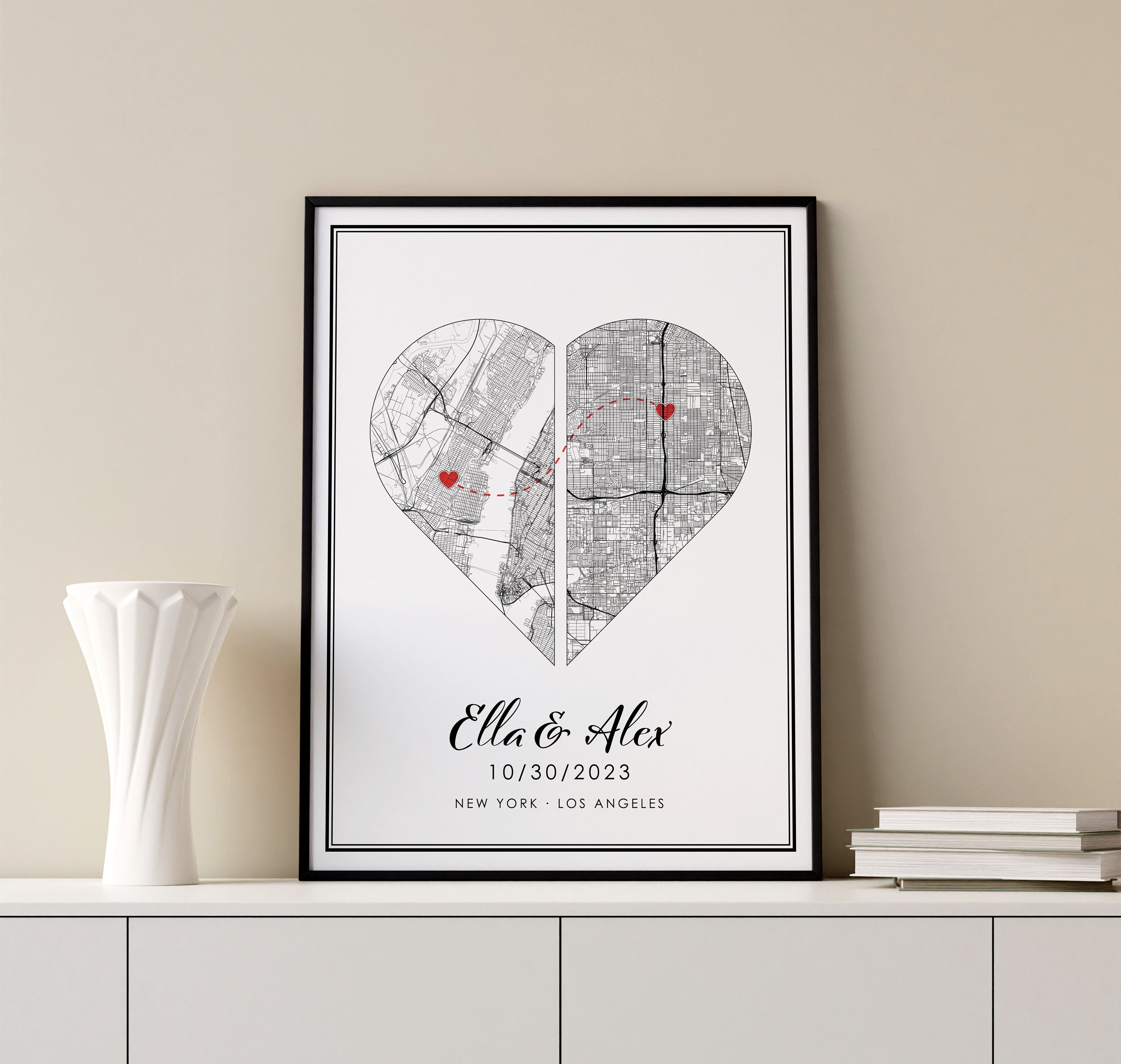 Custom Love Map Poster Canvas | Personalized 2 Maps Print | 2 Locations ...