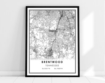 Brentwood map print poster canvas | Tennessee map print poster canvas | Brentwood city map print poster canvas