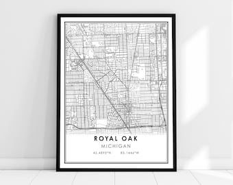 May include: Black and white map print of Royal Oak, Michigan with the city name and coordinates: 42.4895°N 83.1446°W.