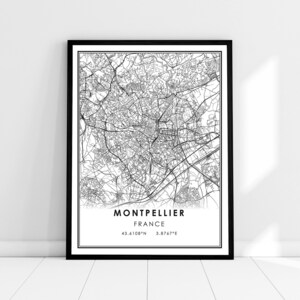 Montpellier carte imprimer poster toile | Carte de France imprimer poster toile | Plan de la ville de Montpellier imprimer poster canvas