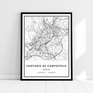 Santiago de Compostela Espagne carte impression affiche toile | Santiago de Compostela ville carte impression affiche toile