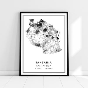 Carte de Tanzanie imprimer poster canvas | Carte de l’Afrique de l’Est imprimer poster canvas | Tanzanie carte de la ville imprimer poster canvas