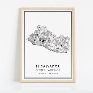 May include: Black and white line art map of El Salvador, Central America. The map shows the country's roads and cities. The coordinates 13.7942&deg;N 88.8965&deg;W are printed below the map.