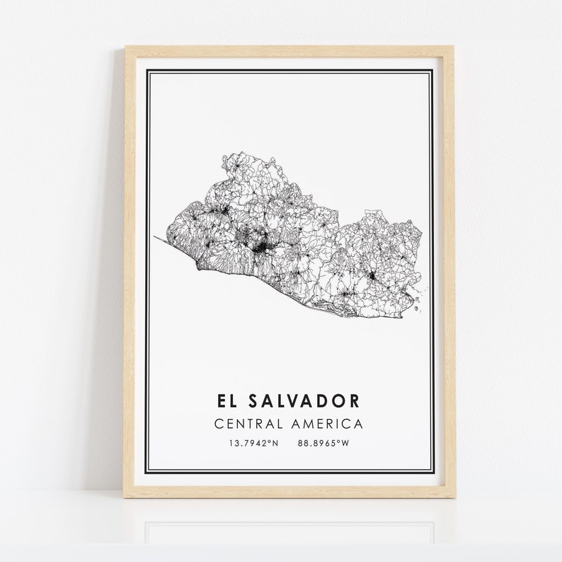 May include: Black and white line art map of El Salvador, Central America. The map shows the country's roads and cities. The coordinates 13.7942&deg;N 88.8965&deg;W are printed below the map.