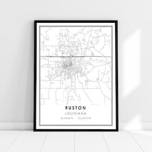 Ruston carte imprimer poster canvas | Carte de louisiane imprimer poster canvas | Carte de la ville de Ruston imprimer poster canvas